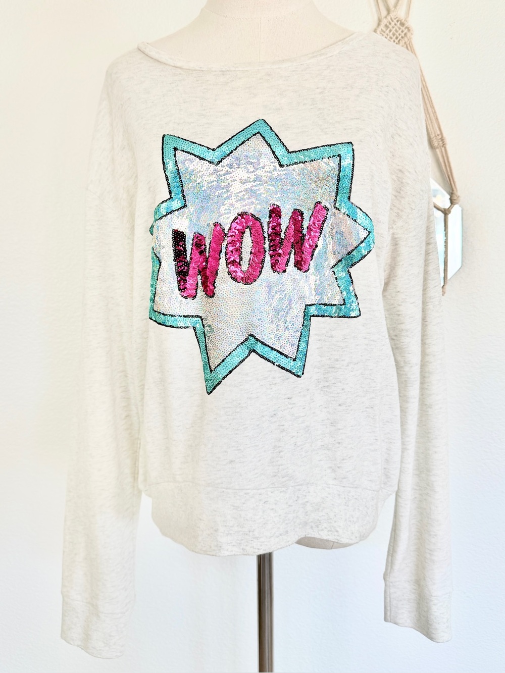 💖 Victoria’s Secret PINK WOW Bling Sequin Graphic Light Grey Sweatshirt Small S